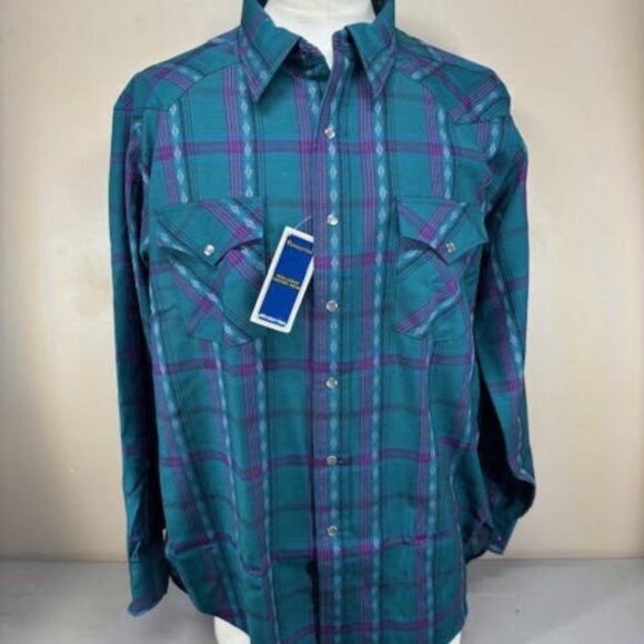 Vtg Teal Blue Purple Pendleton High Grade Western Wear Wool Shirt Pearl Snaps XL - Picture 1 of 9